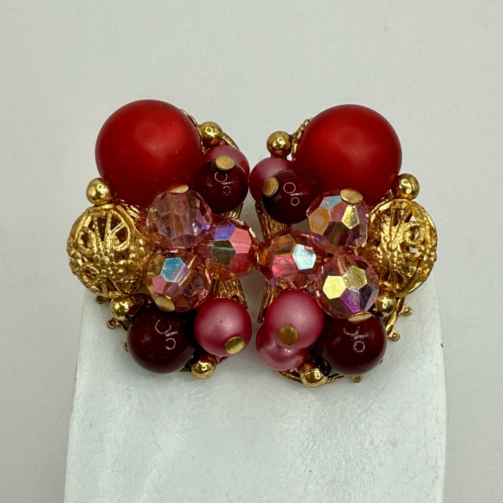 Vintage Cranberry & Aurora Borealis w Filigree Beaded Earrings in Gold Tone